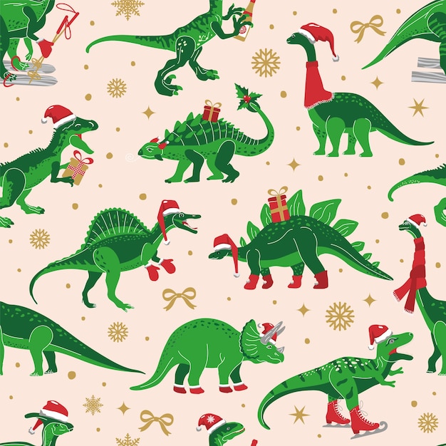 Dino Árbol de Fiesta de Navidad Rex Dinosaurio en sombrero de Papá Noel decora el patrón sin costuras de Vector