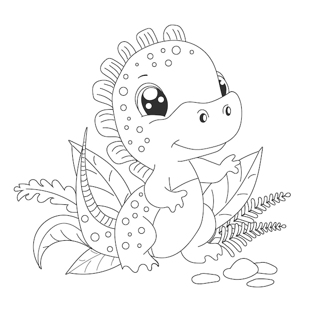 Dino de dibujos animados de dinosaurio bebé lindo pintado está de pie en una planta frondosa para colorear libro