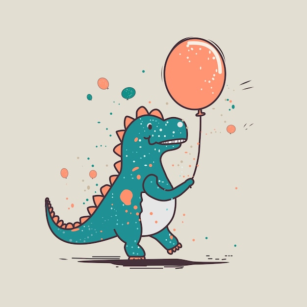 Dino de dibujos animados lindo con globo de cumpleaños ilustración vectorial