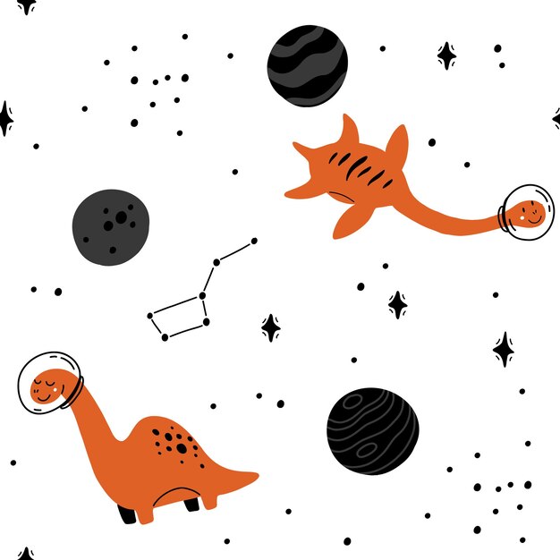 Dino en el espacio de patrones sin fisuras Lindo dragón personajes dinosaurio viaje galaxia con estrellas planetas Niños dibujos animados vector fondo Ilustración de astronauta dragón niños envolviendo con dino cósmico