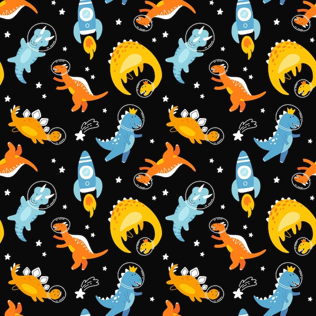 Dino en el espacio de patrones sin fisuras Lindo dragón personajes dinosaurio viaje galaxia con estrellas planetas Niños dibujos animados vector fondo Ilustración de astronauta dragón niños envolviendo con dino cósmico