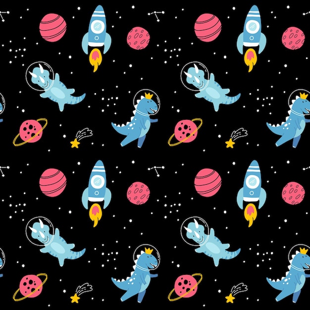Dino en el espacio de patrones sin fisuras Lindo dragón personajes dinosaurio viaje galaxia con estrellas planetas Niños dibujos animados vector fondo Ilustración de astronauta dragón niños envolviendo con dino cósmico