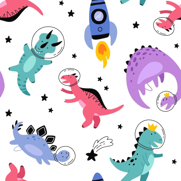 Dino en el espacio de patrones sin fisuras Lindo dragón personajes dinosaurio viaje galaxia con estrellas planetas Niños dibujos animados vector fondo Ilustración de astronauta dragón niños envolviendo con dino cósmico