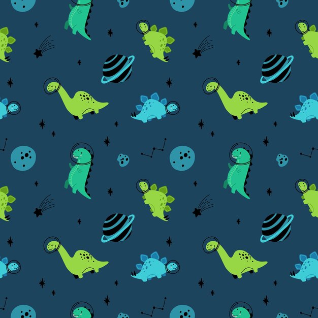 Dino en el espacio de patrones sin fisuras Lindo dragón personajes dinosaurio viaje galaxia con estrellas planetas Niños dibujos animados vector fondo Ilustración de astronauta dragón niños envolviendo con dino cósmico