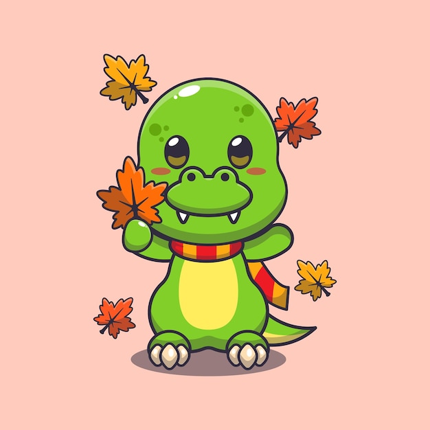 Vector dino lindo con una hoja de otoño