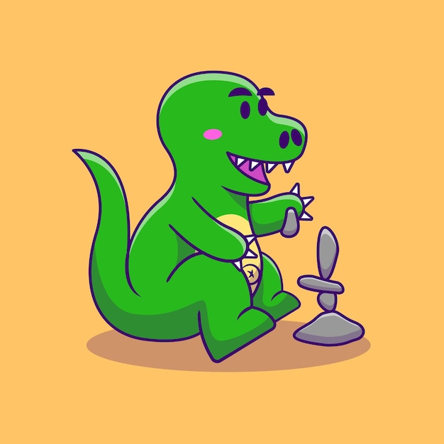 Dino lindo jugando piedra dibujos animados ilustración vectorial concepto de dibujos animados plano