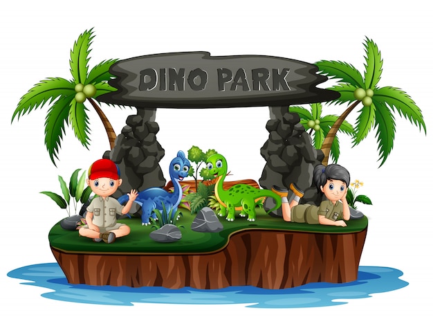 Dino park island con dinosaurios y niños exploradores