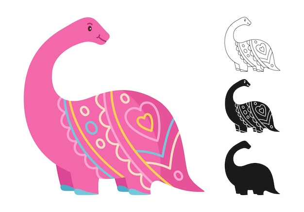 Dino personaje prehistórico dibujos animados o sello contorno silueta conjunto diseño animales infantil vector