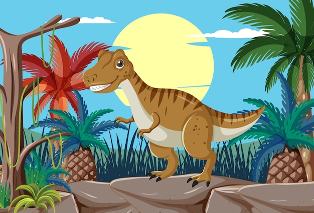 Vector el dinosaurio amistoso en un paisaje tropical