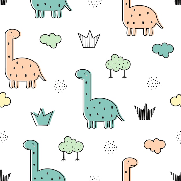 Dinosaurio y árbol patrón sin costura Lindo fondo de dibujos animados de animales Diseño para imprimir papel pintado fab