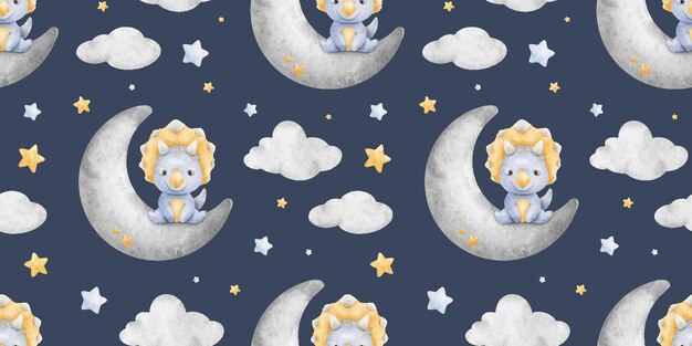 Dinosaurio bebé azul sentado en la media luna nubes estrellas Imprime con triceratops acuarela patrón sin costuras Fondo para el diseño de productos para niños tarjetas postales tela scrapbooking suministros de oficina