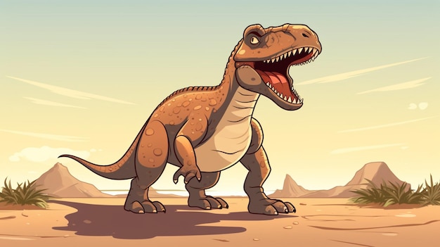 Vector un dinosaurio con una boca roja está de pie en el desierto