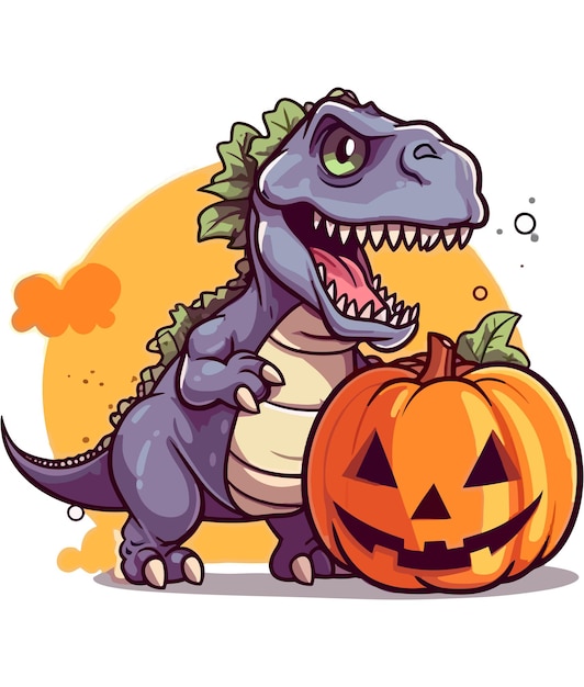 Un dinosaurio con una calabaza en la cabeza