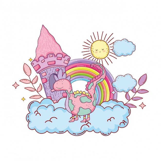 dinosaurio de cuento de hadas con castillo y arco iris
