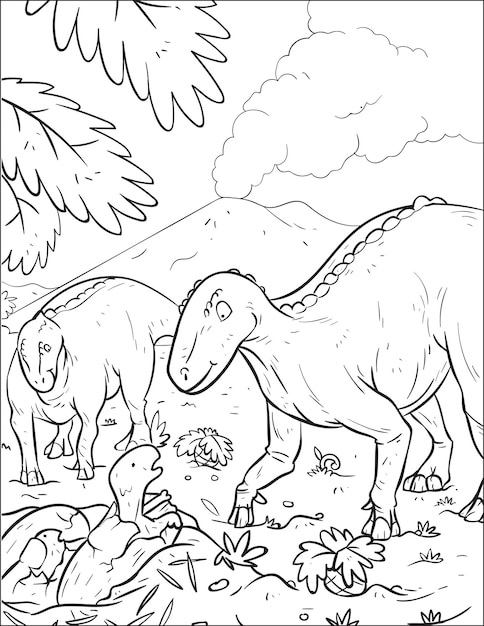 Dinosaurio depredador prehistórico iguanodon y lindo bebé dinosaurio libro para colorear y página para colorear