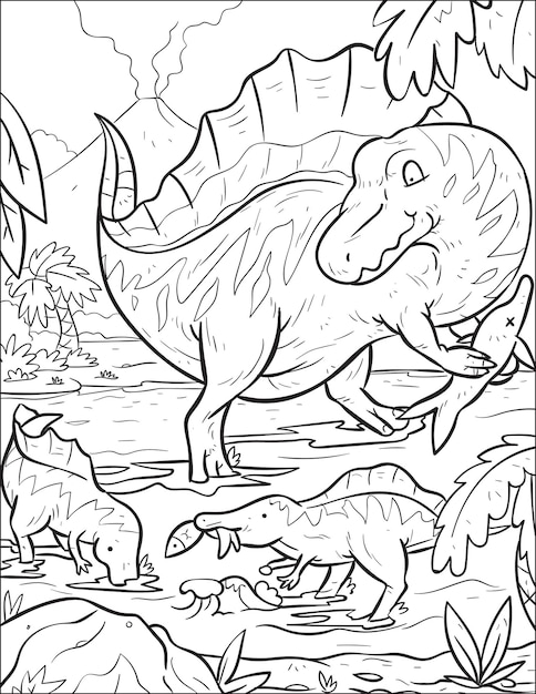 Dinosaurio depredador prehistórico spinosaurus y lindo bebé dinosaurio libro para colorear y página para colorear