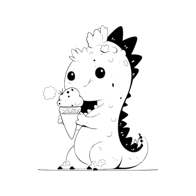 Un dinosaurio de dibujos animados comiendo un cono de helado.