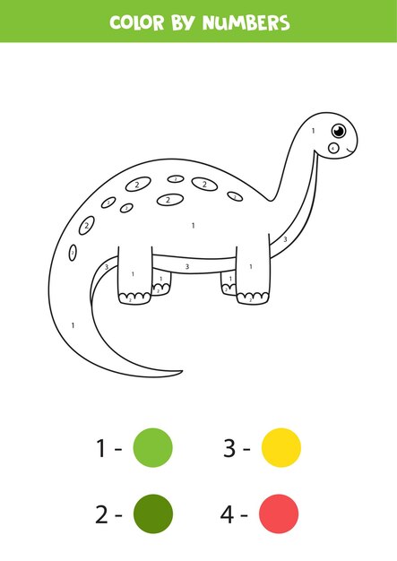 Dinosaurio de dibujos animados lindo de color por números. Página para colorear para niños.