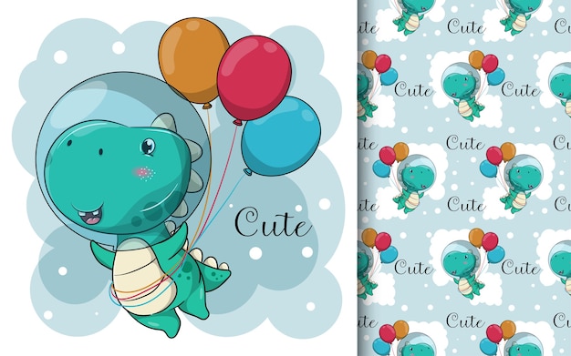 Dinosaurio de dibujos animados lindo con globos