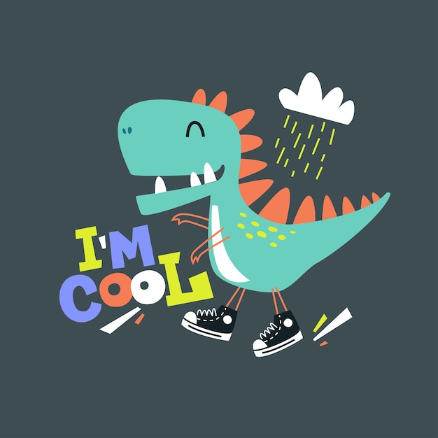 Dinosaurio de dibujos animados lindo con ilustración vectorial de texto lúdica para portada de impresión de textiles o ropa