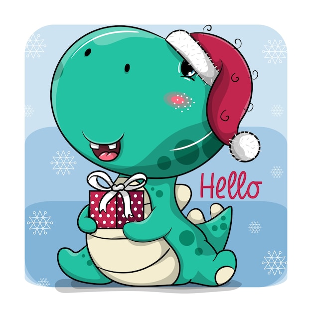 Vector dinosaurio de dibujos animados lindo con sombrero de navidad y caja de regalo