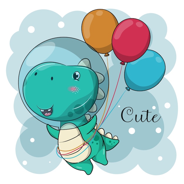 Conjunto de dinosaurio de dibujos animados lindo volando con globos de  patrones sin fisuras