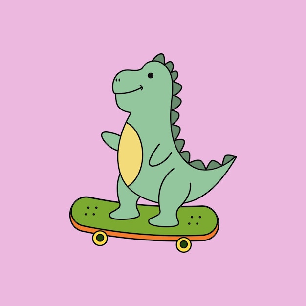 Un dinosaurio de dibujos animados en una patineta.