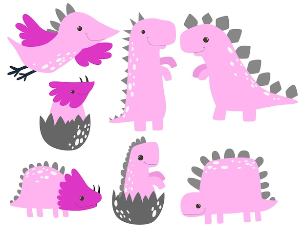Dinosaurio de dibujos animados rosado Dino monstruo niña de dibuyos animados infantil ilustración vectorial arte gracioso animales antiguos juego de recién nacidos