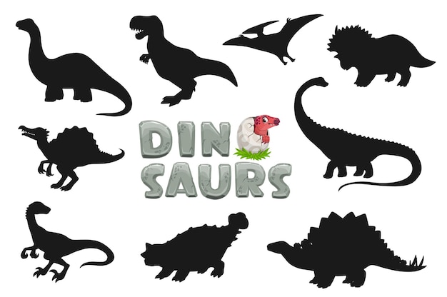 Vector dinosaurio de dibujos animados siluetas de personajes divertidos tarbosaurus brontosaurus triceratops y pterodactyl pteranodon spinosaurus ankylosaurus y stegosaurus reptiles extintos siluetas de dinosaurios lindos