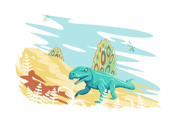 Vector dinosaurio dimetrodon en la naturaleza vector ilustración prehistórico extinto reptil gigante animal estilo plano vida silvestre y concepto de período jurásico aislado