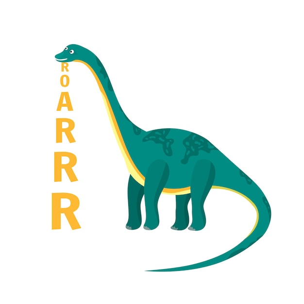 Dinosaurio diplodocus de vector de dibujos animados plana con texto vertical de rugido