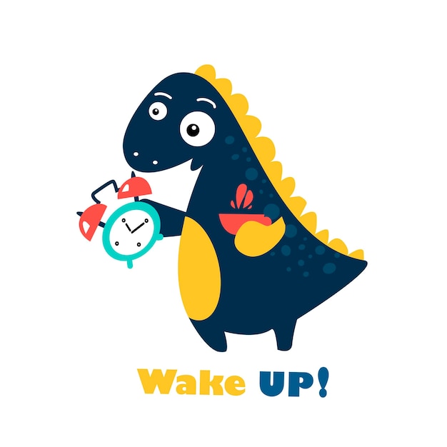 Dinosaurio divertido con reloj y té wake up