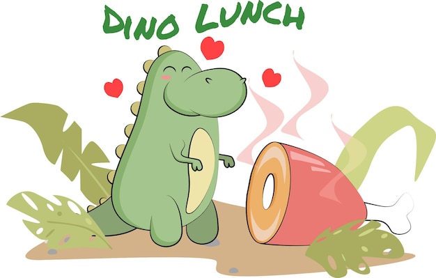 Vector un dinosaurio divertido vino a cenar y a comer carne.