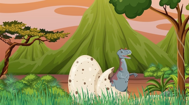 Vector dinosaurio en la escena del bosque prehistórico