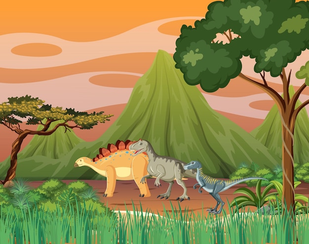 Vector dinosaurio en la escena del bosque prehistórico