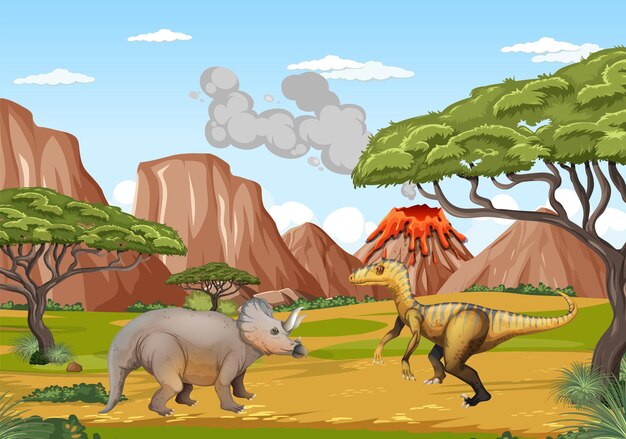 Dinosaurio en la escena del bosque prehistórico
