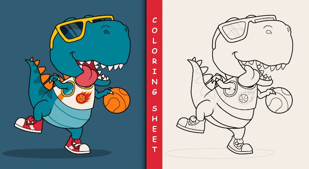 Vector dinosaurio fresco jugando baloncesto. hoja para colorear.