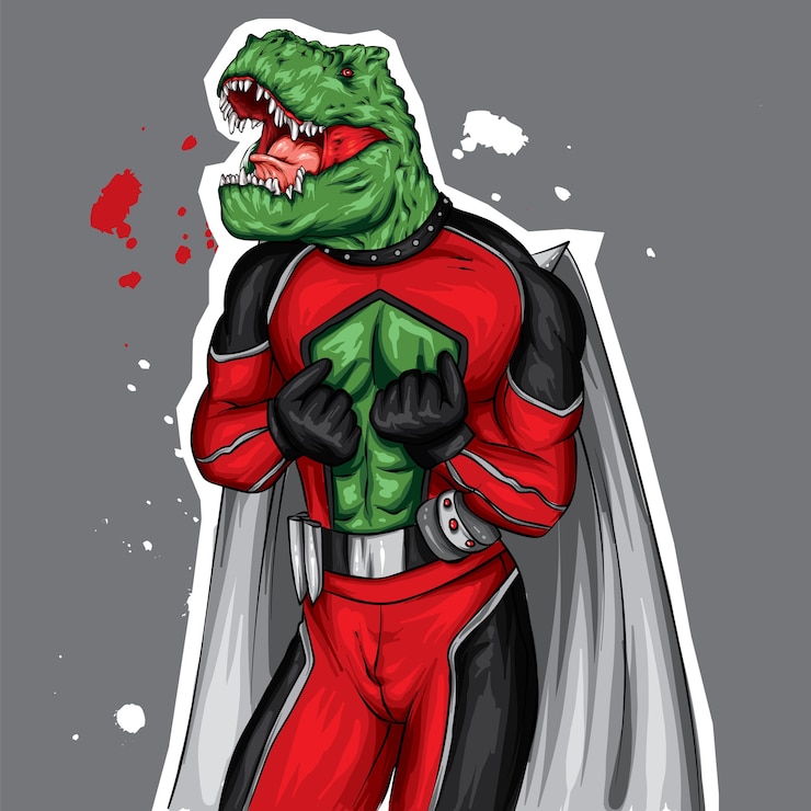Vector un dinosaurio genial con un disfraz de superhéroe.