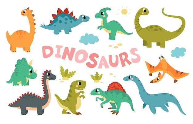 Dinosaurio herbívoro plano lindo dibujos animados dinosaurios y reptiles personajes de Dino doodle niños animales del parque jurásico monstruos prehistóricos conjunto vectorial de clase