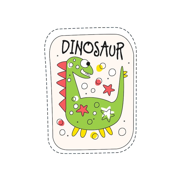Dinosaurio infantil parche insignia lindo dibujos animados verde animal pegatina mano dibujado vector ilustración sobre un fondo blanco