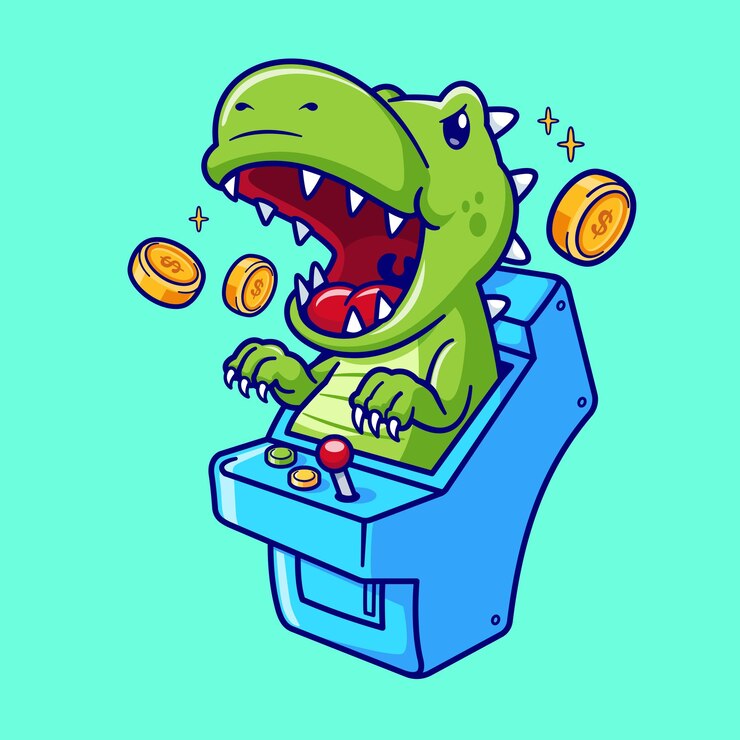 Vector dinosaurio en el juego de máquina de arcade icono vectorial de dibujos animados ilustración icono de vacaciones de animales aislado plano