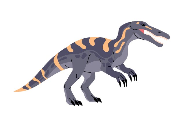 Dinosaurio jurásico con mandíbula abierta Dino carnívoro con cabeza de cocodrilo Suchomimus reptil prehistórico agresivo Animal antiguo peligroso Paleontología Ilustración vectorial aislada plana en blanco