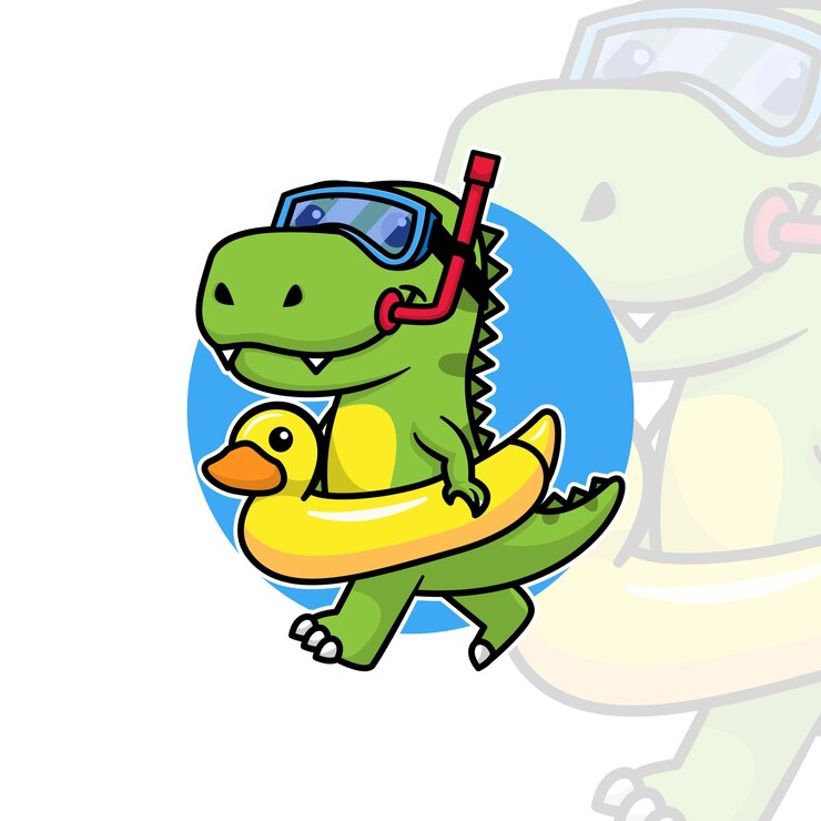 Vector dinosaurio lindo con anillo inflable y diseño de dibujos animados de buceo de googles