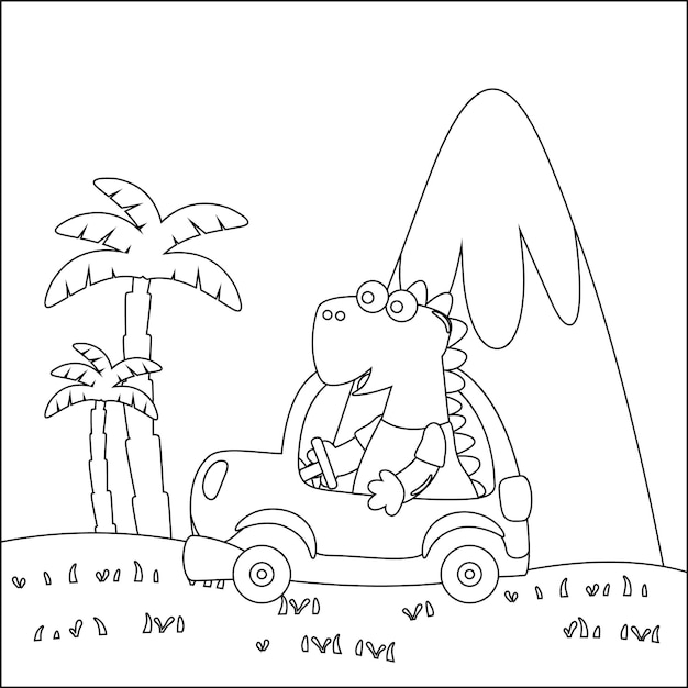 Dinosaurio lindo conduciendo un auto ir al bosque dibujos animados de animales divertidos libro para colorear o página