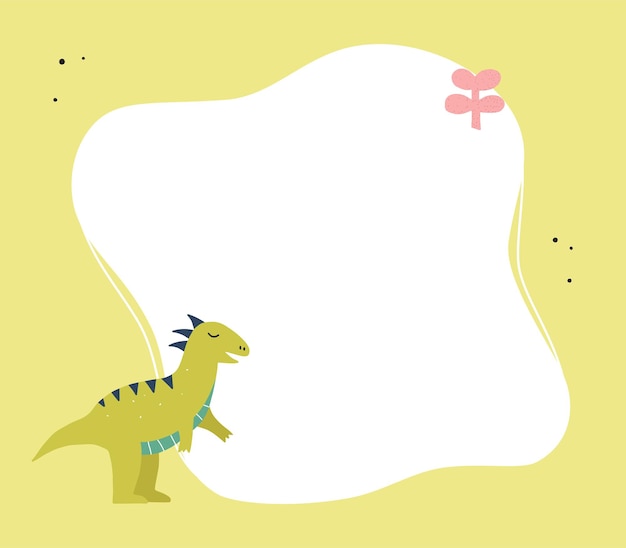 Vector dinosaurio lindo dibujado a mano con marco. plantilla para texto o foto. adecuado para fiesta, jardín de infantes, preescolar. ilustración vectorial.