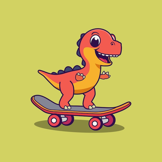Dinosaurio lindo en una ilustración vectorial de dibujos animados de patineta