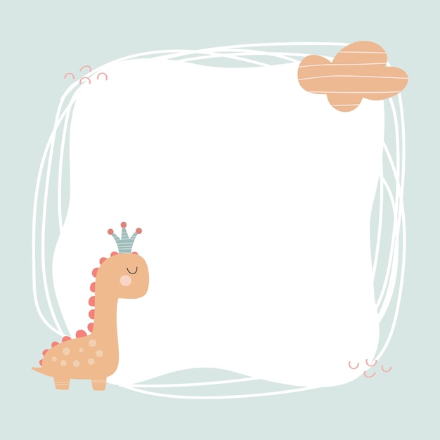 Dinosaurio lindo con un marco de mancha en estilo simple dibujado a mano de dibujos animados. Plantilla para tu texto o foto. Ideal para tarjetas, invitaciones, fiesta, jardín de infantes, preescolar y niños.