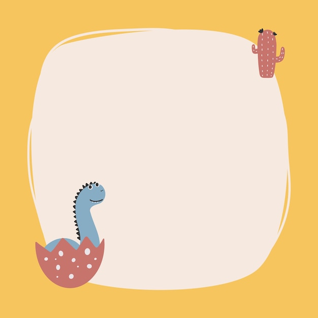 Dinosaurio lindo con un marco de mancha en estilo simple dibujado a mano de dibujos animados. Plantilla para tu texto o foto