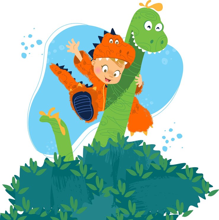 Dinosaurio lindo y niño lindo con pijama de dino Impresión de camisa Ilustración de tarjeta temática de cumpleaños