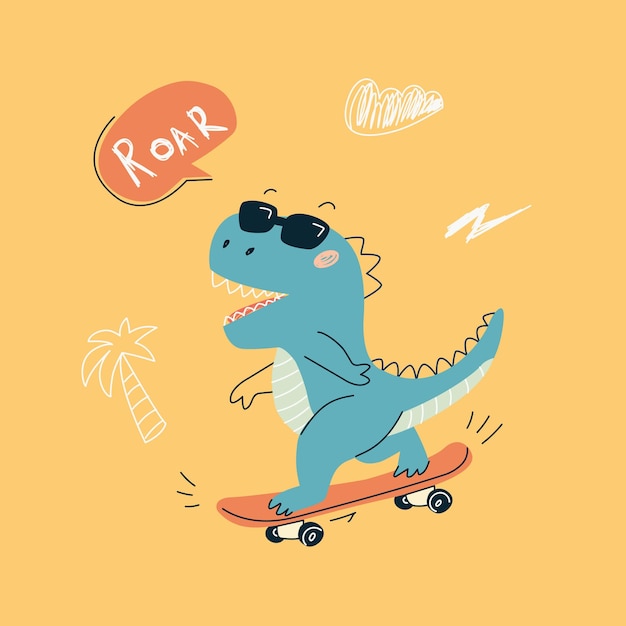 Dinosaurio lindo en una patineta en un fondo de color Vector